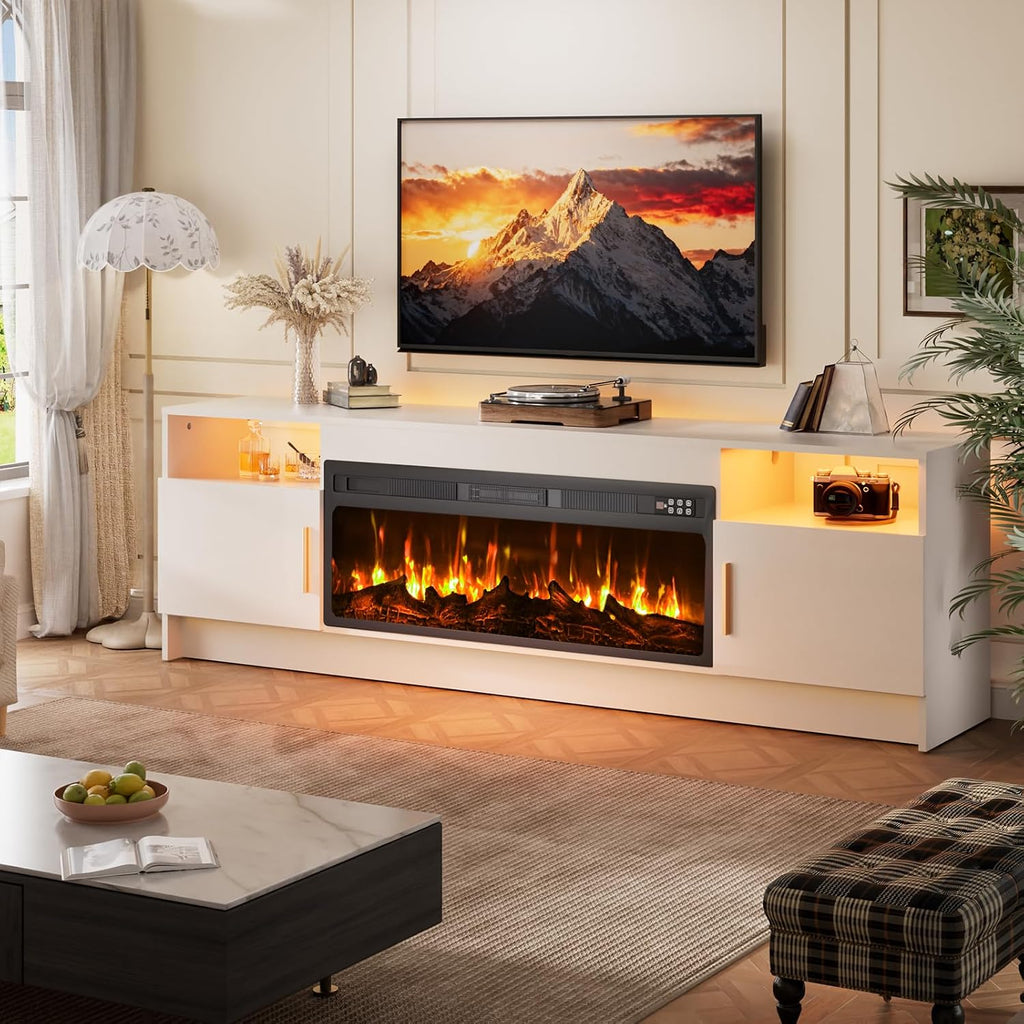 EAG 70' Electric Fireplace TV Stand with 36 inch Fireplace Up to 80' TVs, Entertainment Center with with Storage Cabinet & LED Lights, Modern Media Console for Living Room, White