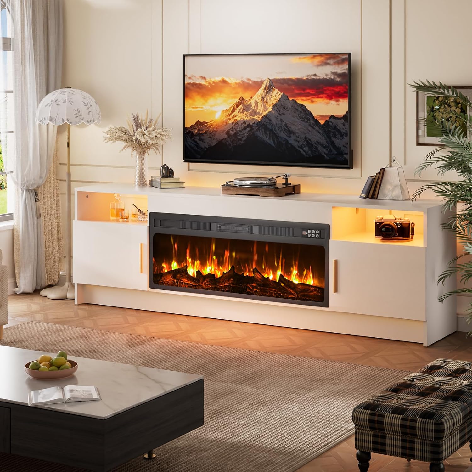 EAG 70' Electric Fireplace TV Stand with 36 inch Fireplace Up to 80' TVs, Entertainment Center with with Storage Cabinet & LED Lights, Modern Media Console for Living Room, White