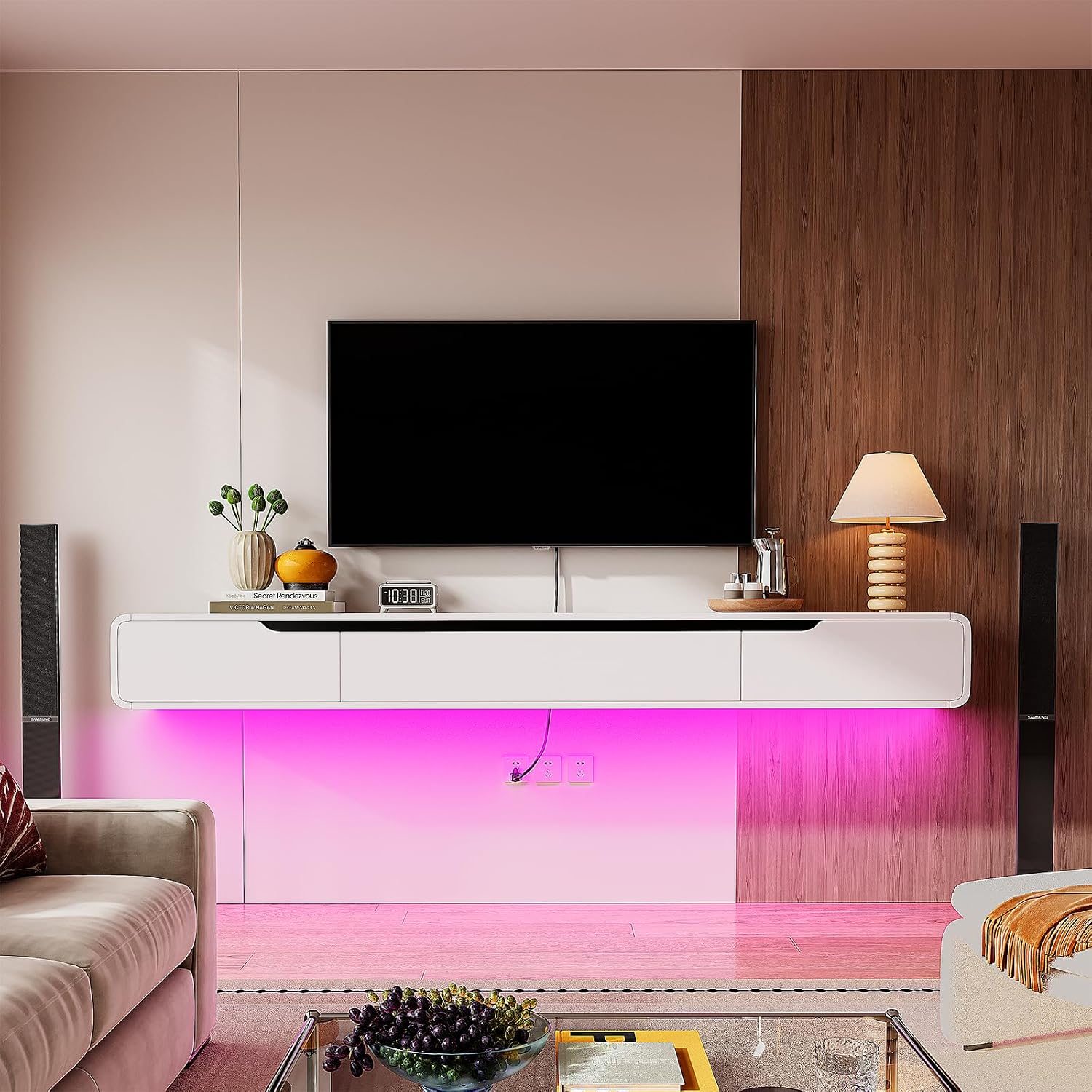 Fully-Assembled Floating TV Stand with Drawers, 55IN High Gloss Wall Mounted Entertainment Center, Modern Media Console with Storage, Under TV Shelf for Bedroom Living Room White