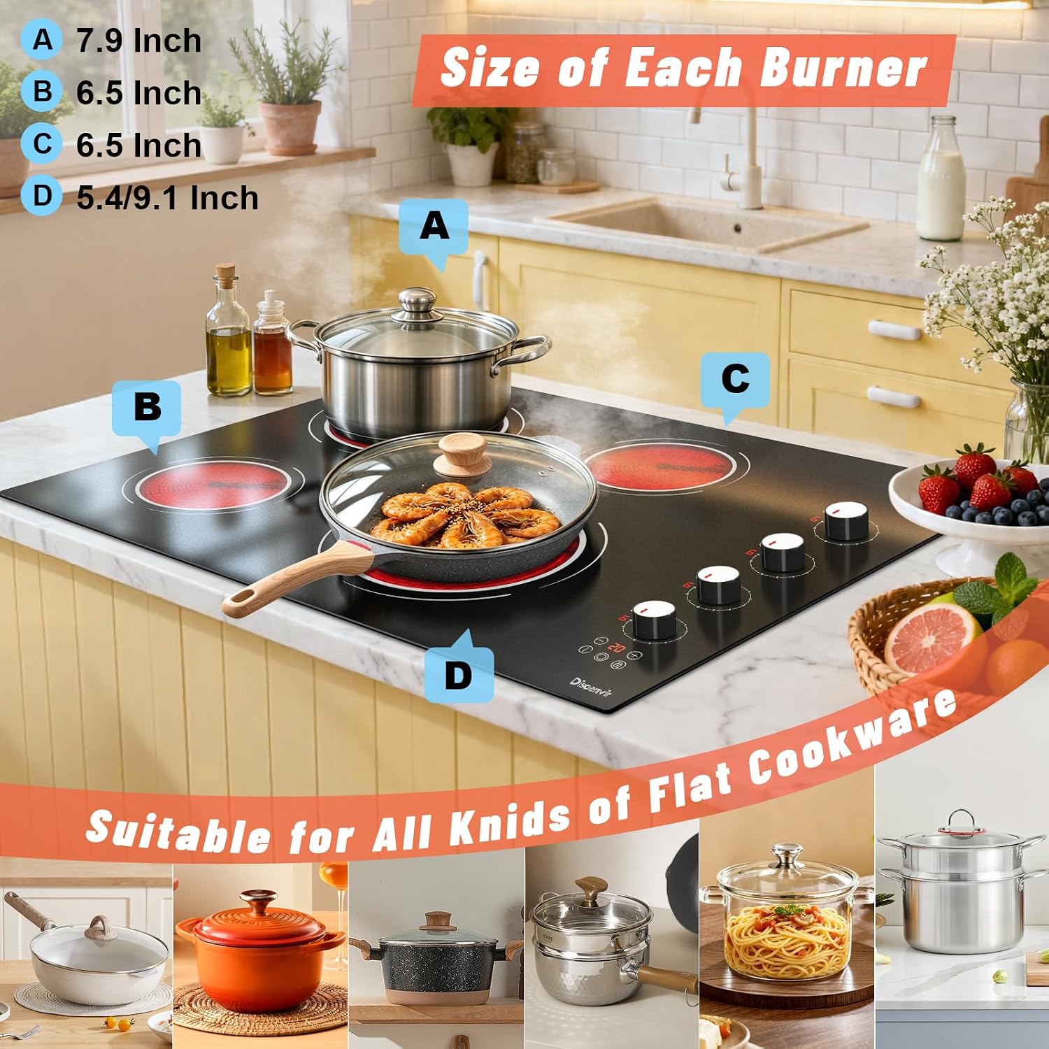 30 Inch Electric Cooktop - 4 Burner Built-in(29.13'x19.3') Ceramic Stove Top 6700W, 30' Electric Cook Top with Timer, Safety Lock, Pause, Dual Ring, 220V - 240V Hard Wired (White Knob)