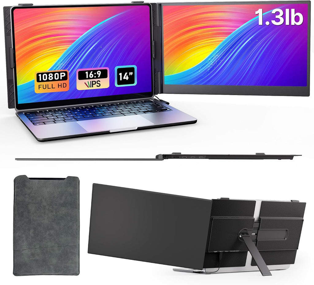 Laptop Screen Extender - Ultra-Thin 1.3lbs 14' FHD IPS Dual Portable Monitor Extension for Laptop, Attachment Plug & Play for 13-17' Laptops, Second Extra Travel Display for Windows/Mac/Android