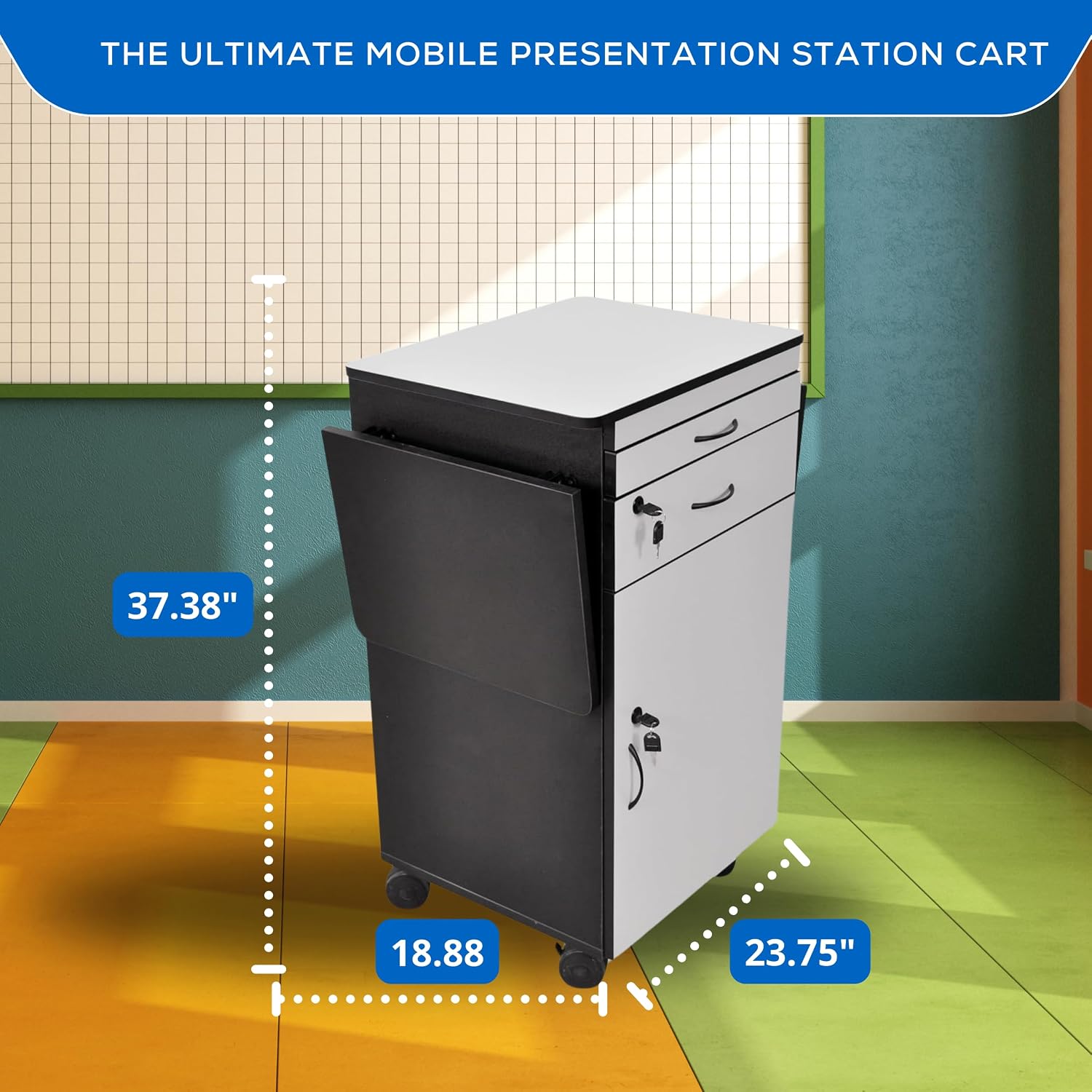 FSE 373-WPSDD3 38' Mobile AV Presentation Station Cart with Locking Cabinet