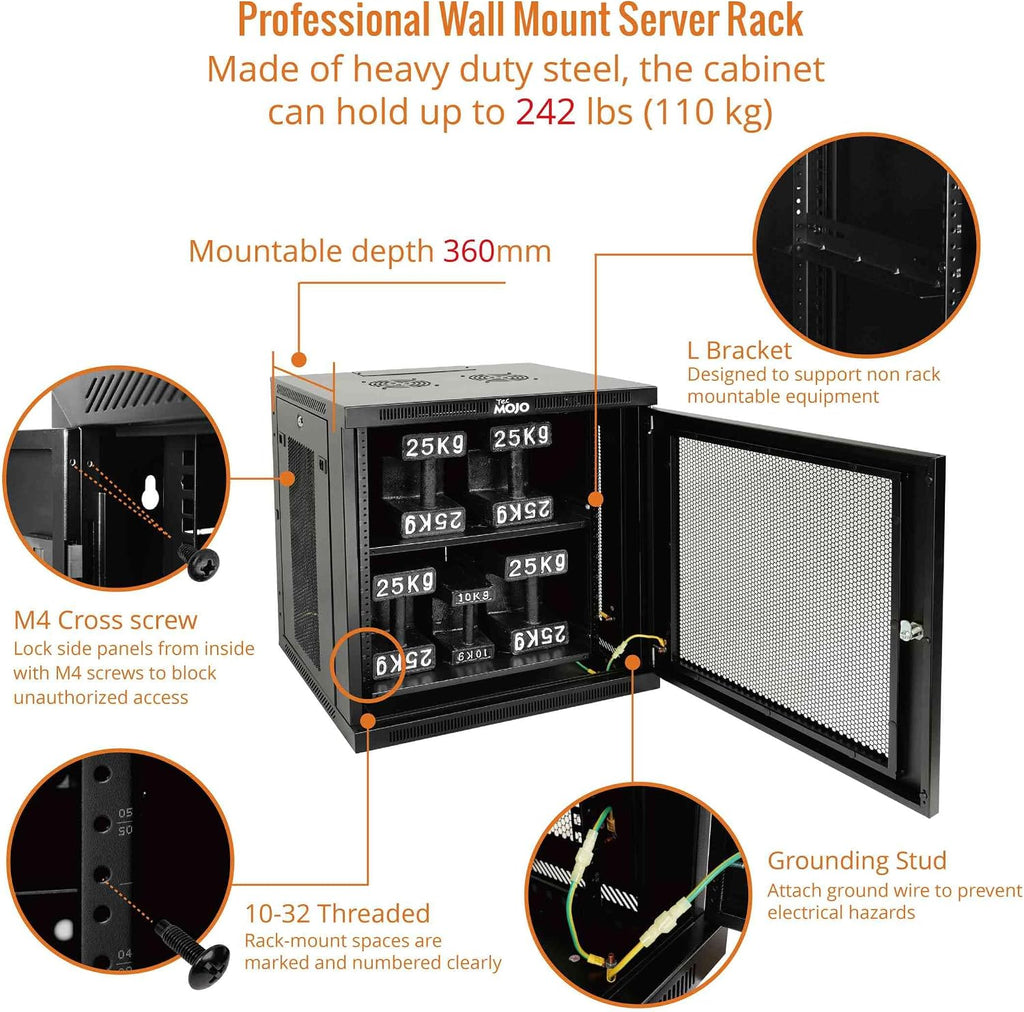 Tecmojo 12U Wall Mount Rack,12U Rack 17.7 Inch Depth,Hold Up to 176 Lbs,Enclosed Wall Mount Rack Kit for 19 Inch Network,Server and AV Gear,Mesh Door(Elite Collection)