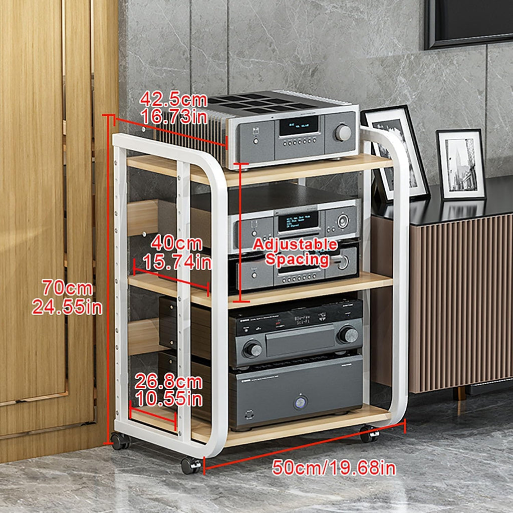 Gaming Audio Rack, Corner Media Stand with Storage Shelves & Universal Wheels, DVD Shelf for Living Room, Music Studio, Recording Room - White, 50x42.5x70cm