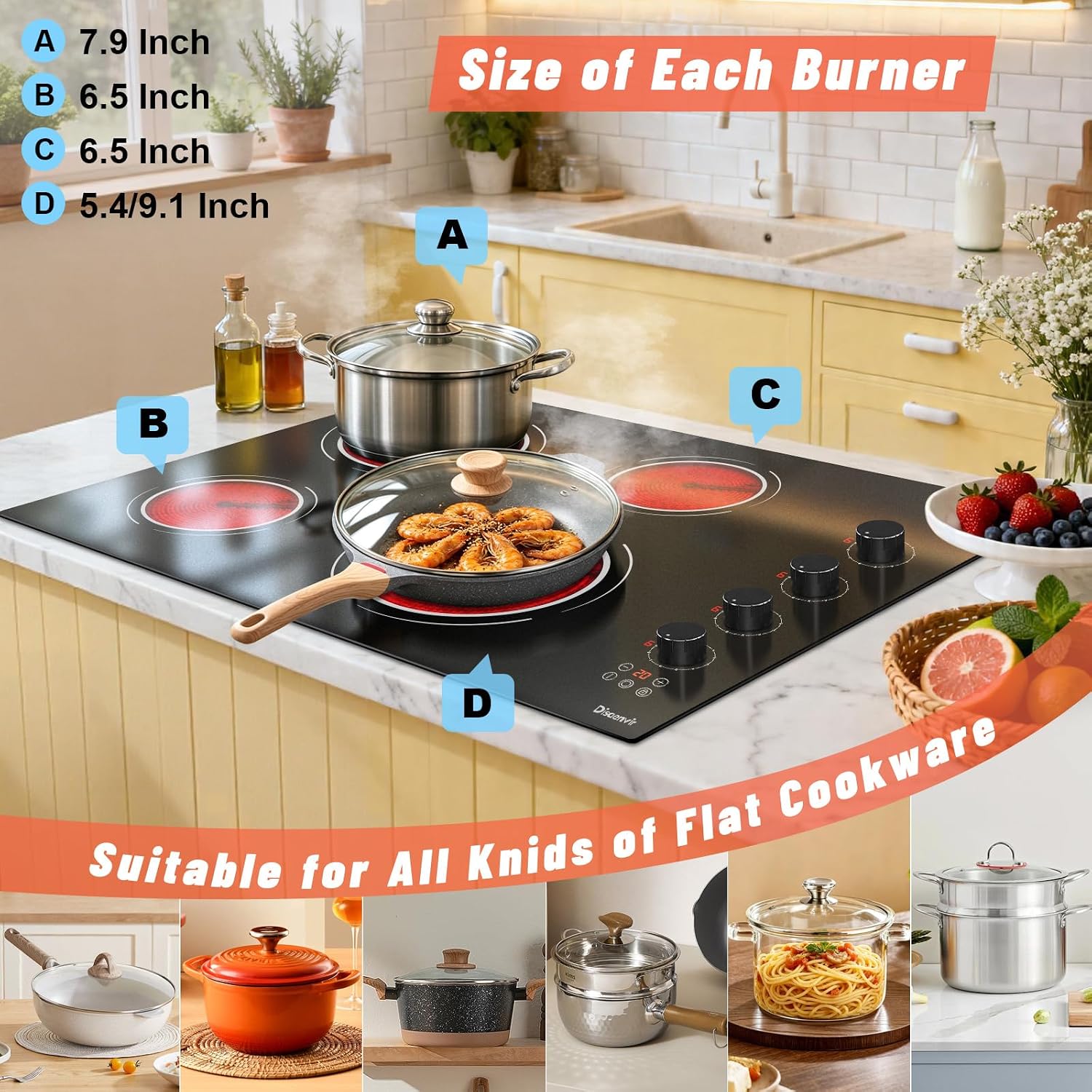 30 Inch Electric Cooktop 4 Burner - Built-in(29.13'x19.3') Ceramic Stove 6700W, 30' Radiant Electric Cooktop with Timer, Safety Lock, Pause, Dual Ring, 220V - 240V Hard Wired (Black Knob)