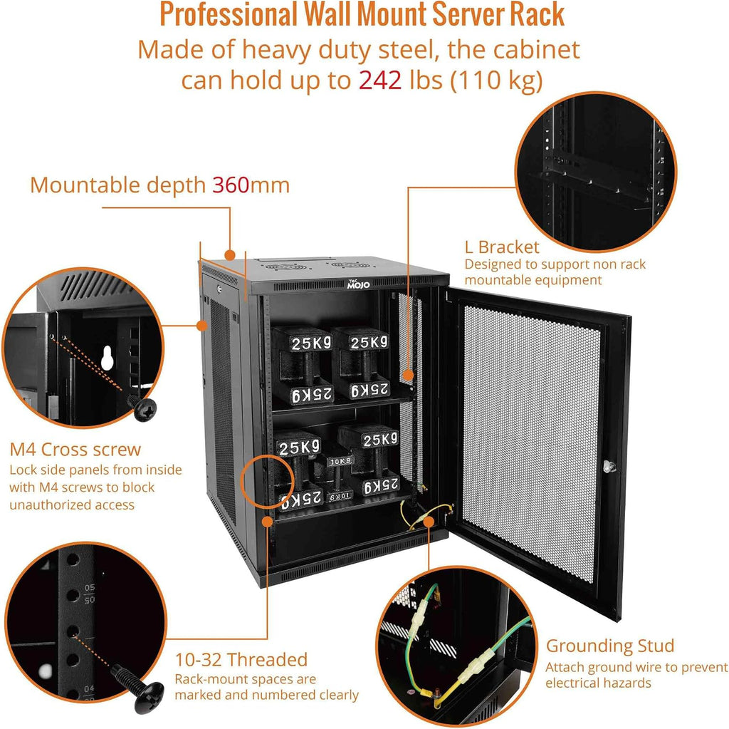 Tecmojo 18U Wall Mount Rack,18U Rack 23.6 Inch Depth,Hold Up to 176 Lbs,Enclosed Wall Mount Rack Kit for 19 Inch Network,Server and AV Gear,Mesh Door(Elite Collection)