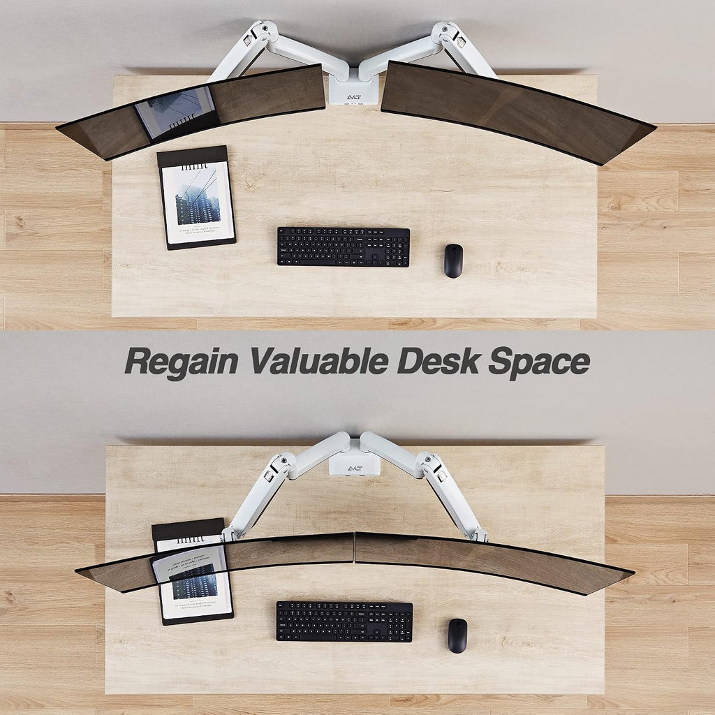 AVLT Dual Monitor Arm Desk Mount for 13'–43' Flat/Curved Screens with USB-A Pass-Through, Full Motion Height Adjustable Swivel Tilt Rotation VESA/C-Clamp/Grommet/Cable Management, White