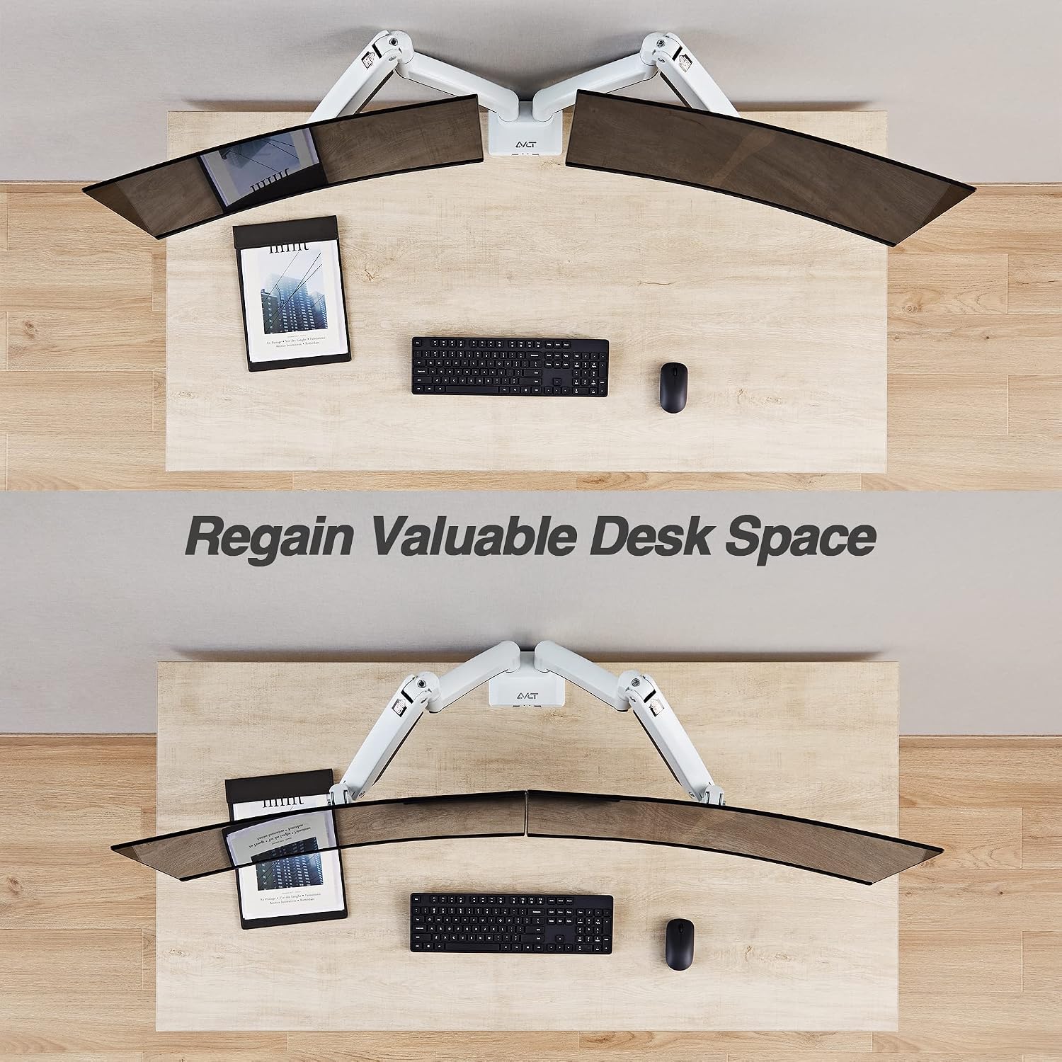 AVLT Dual Monitor Arm Desk Mount for 13'–43' Flat/Curved Screens with USB-A Pass-Through, Full Motion Height Adjustable Swivel Tilt Rotation VESA/C-Clamp/Grommet/Cable Management, White
