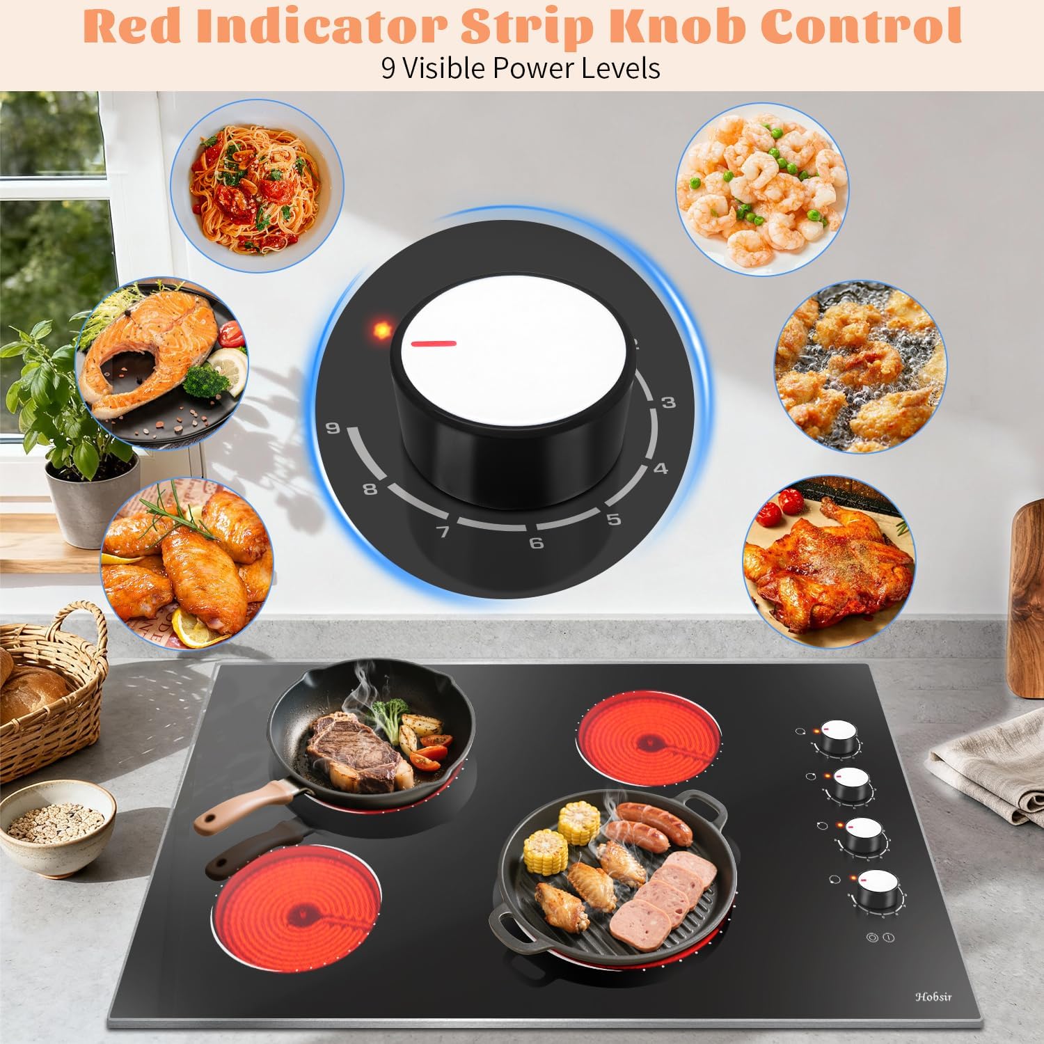 Electric Cooktop 30 Inch Hobsir, 4 Burner Electric Stove Top 6700W, Knob Control Built in Cook top, 30' Electric Stove Top Burner with Glass Protection Metal Frame, Double-ring burner, 220-240v