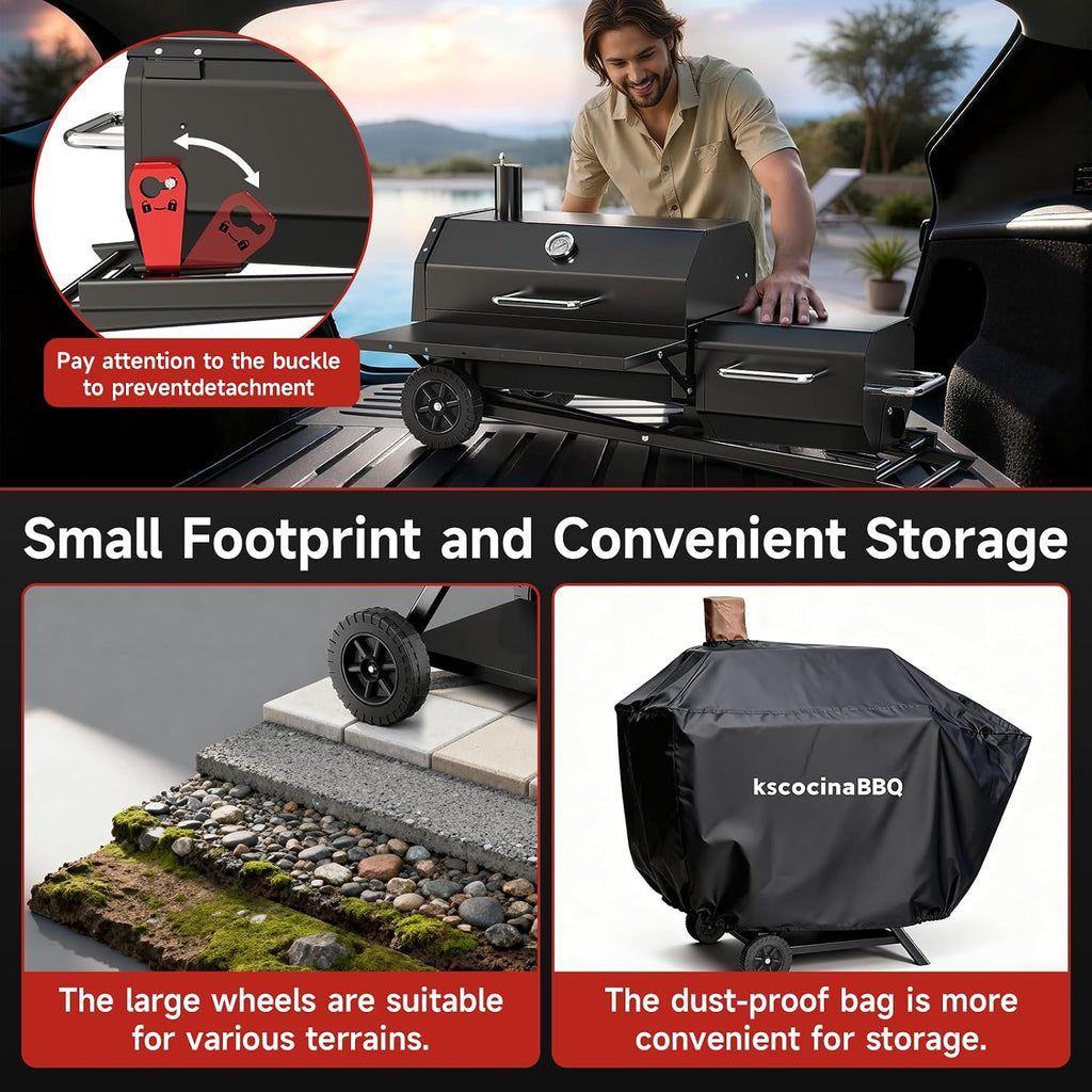 Portable Charcoal Grill with Smoking Function, Foldable Suitcase Design with Wheels, Multi-Tier Storage Rack & Waterproof Cover for Outdoor BBQ Parties (Black)