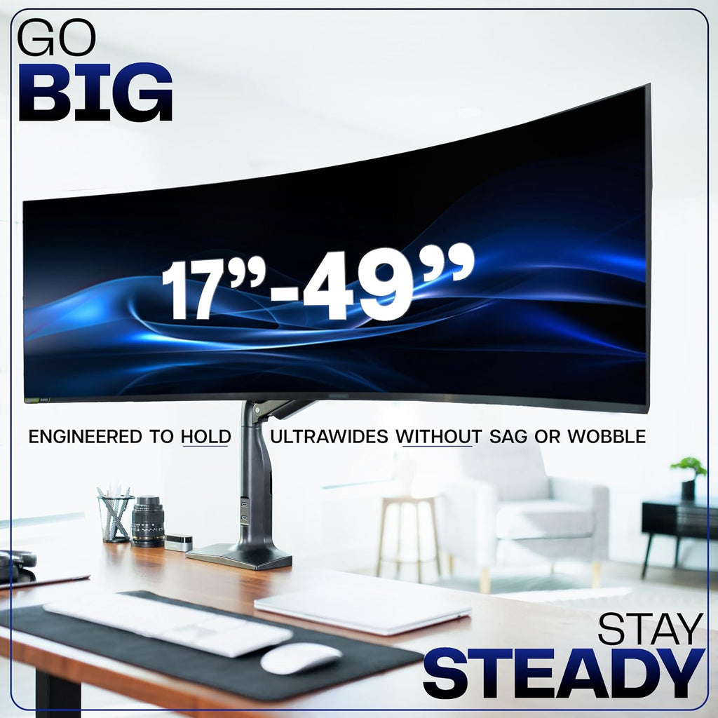 VIVO Aluminum Ultrawide Monitor Stand, Classic + USB, Fits up to 49 inch Screens, Single Articulating Pneumatic Arm, USB Ports, C-Clamp and Grommet Desk Mount, Max VESA 200x100, Black, STAND-V100HU