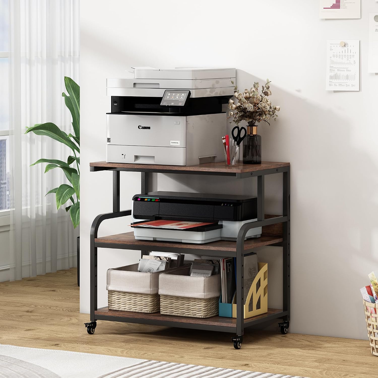 Fannova 32.3' Wide Extra Large Printer Stand, 3 Tier Printer Table with Adjustable Storage Shelf, Rolling Printer Cart with Industrial Wheels for Home Office, Rustic Brown