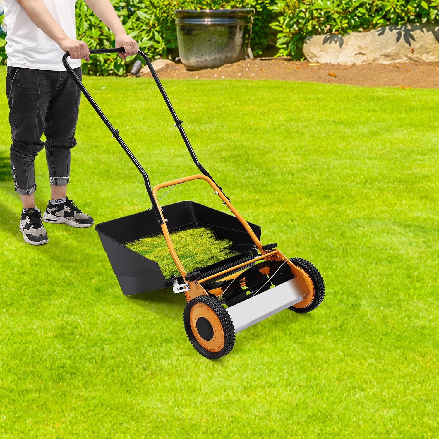 14-Inch 5-Blades Reel Lawn Mower with Grass Catcher, Manual Lawn Mower Push Lawn Mower Adjustable Cutting Heigh, Yellow