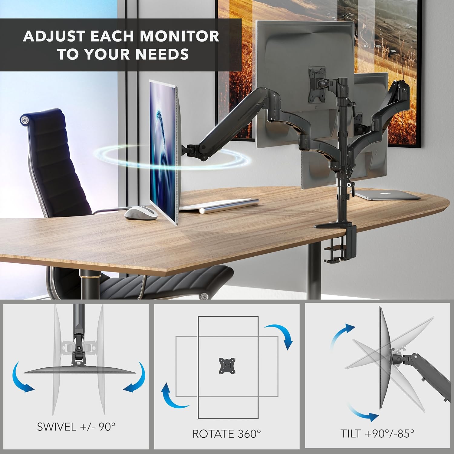 Mount-It! Triple Monitor Mount Desk Stand, 3 Monitor Desk Mount with Gas Spring Arms, Fits 13–32 Inch Screens up to 17.6 lbs per Arm, VESA 75x75 & 100x100, Clamp-On Installation, Black