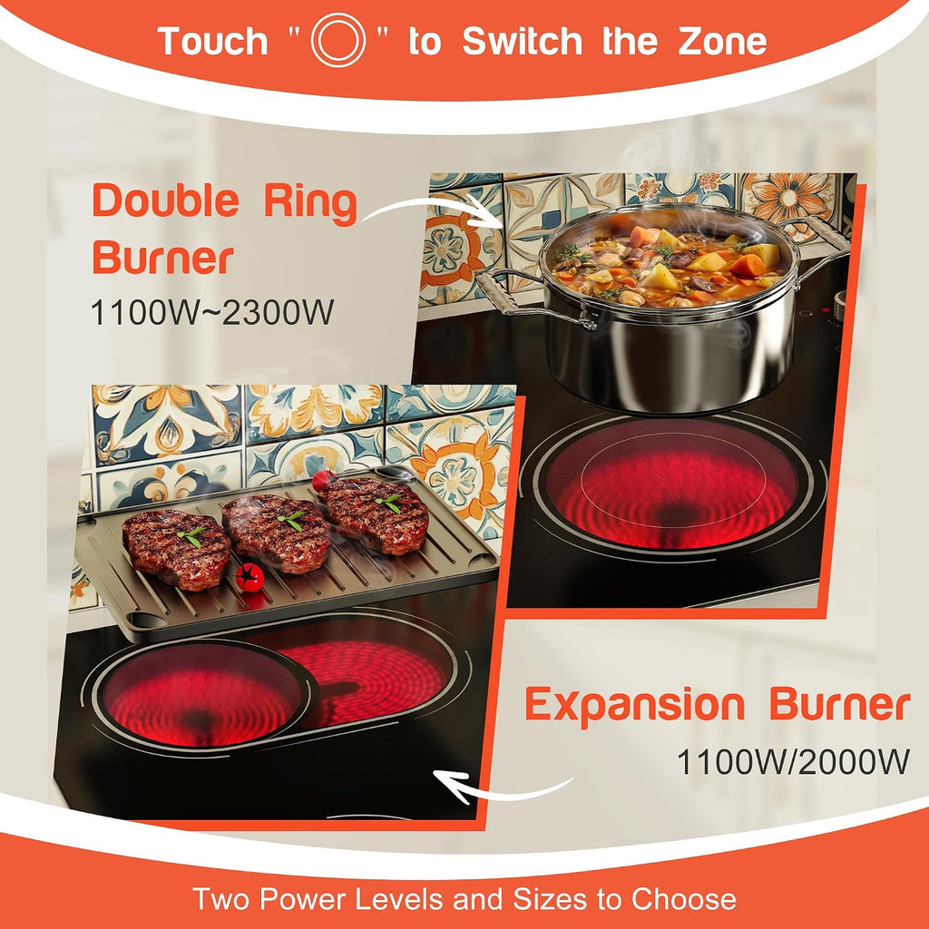 Electric Cooktop 30 Inch - 4 Burner Powerful Glass Electric Stove Top 6700W, 30 Inches Built-in Ceramic Stovetop with Dual & Expanded Ring, Knob Control, 220V - 240V Hard Wire(No Plug)