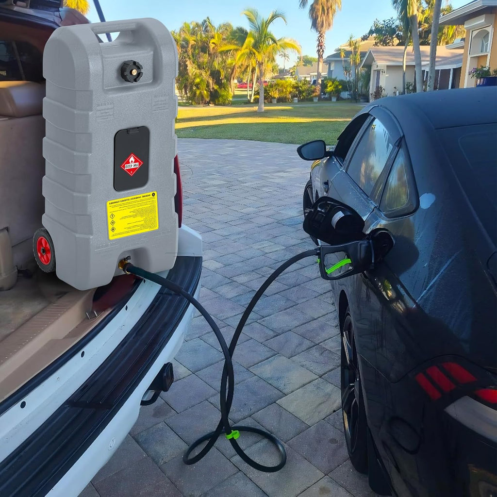 15 Gallon Portable Gas Tank with Caster,LE Fluid Transfer Siphon Pump,Fuel Caddy With 10Ft Hose. Delivery Hose Diesel Fuel Gas Can for Cars, Lawn Mowers, Boats Red/Gray/Yellow, Portable Diesel Can