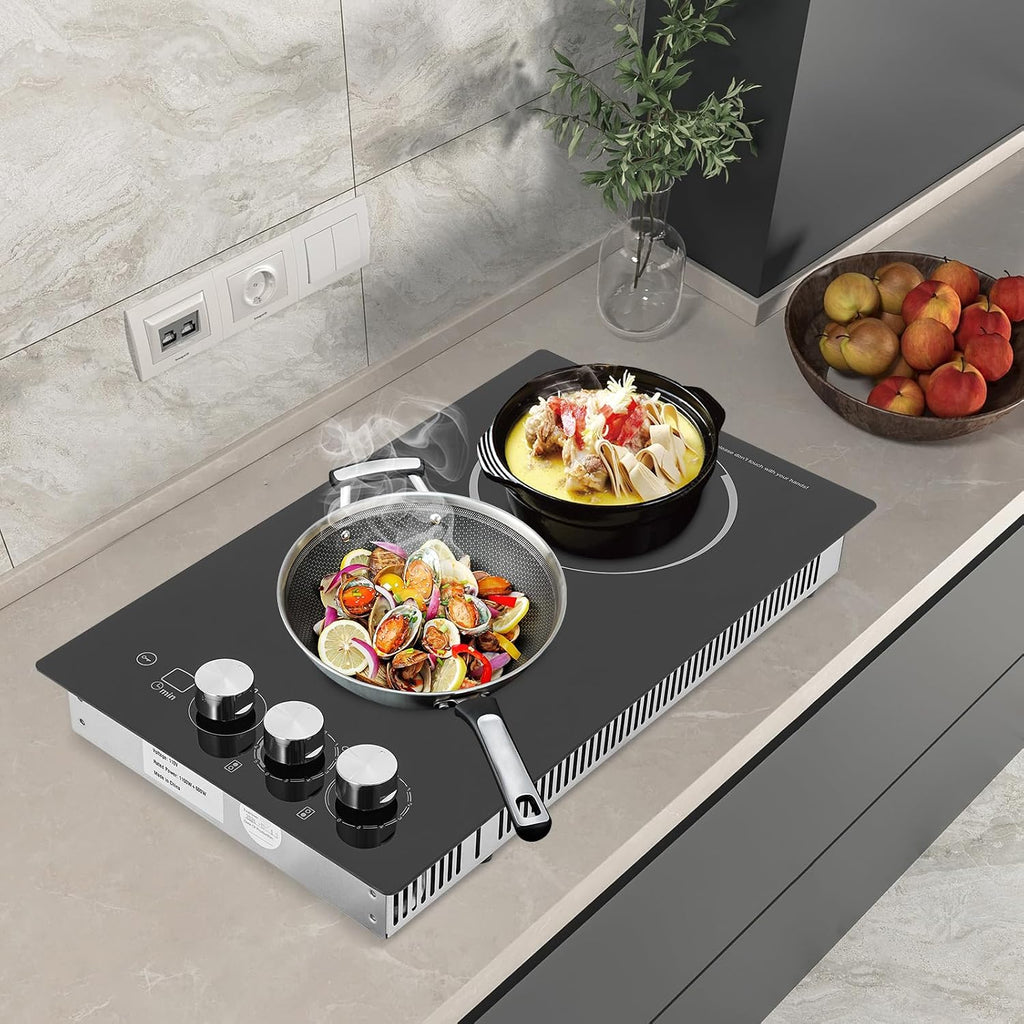 Electric Cooktop, 2 Burner 1700W Built-in Electric Stovetop, Stove Top with Timer, 5 Heating Level, Kid Safety Lock, 110V Hard Wire, No Plug