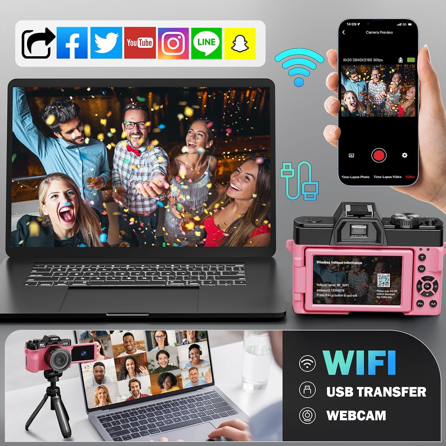 8K Digital Cameras for Photography 64MP - 16X Zoom Autofocus, WiFi, 180° Flip Screen with Wide-Angle & Macro Lens, Vlogging Camera for YouTube Travel with 64GB TF Card, 2 Batteries & Mic (Pink)