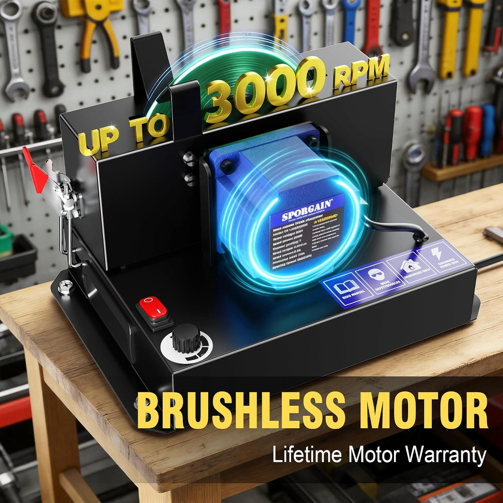 SporGain Lawn Mower Blade Sharpener, Brushless Motor 3000RPM Blade Grinder with Lifetime Motor Warranty, 7' Ceramic Wheel with 6 Sanding Discs for High Lift, Low Lift, Gator & Flat Blades(3pcs)