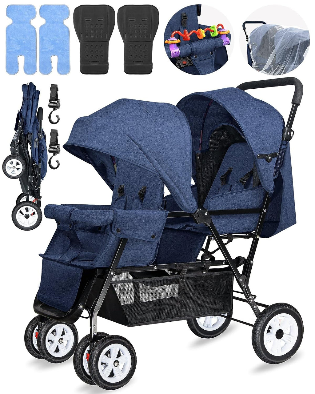 Double Stroller for Infant Toddler, Foldable Double Baby Stroller with Tandem Seating and Adjustable Backrest - Extra Gift Toys/Mosquito Net/Sleeping Mats/ 2 Cotton Pads/ 2 Hooks (Blue)