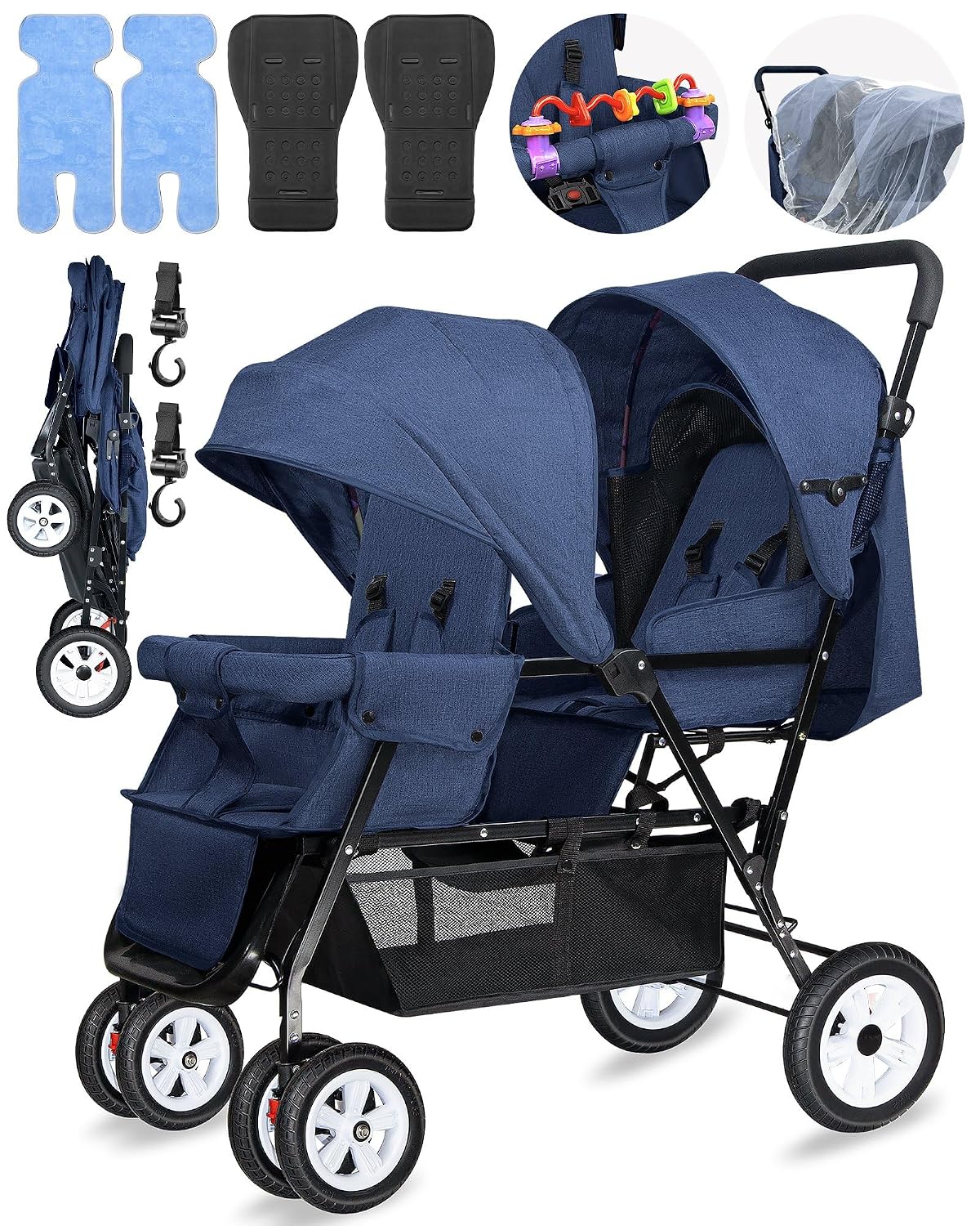 Double Stroller for Infant Toddler, Foldable Double Baby Stroller with Tandem Seating and Adjustable Backrest - Extra Gift Toys/Mosquito Net/Sleeping Mats/ 2 Cotton Pads/ 2 Hooks (Blue)