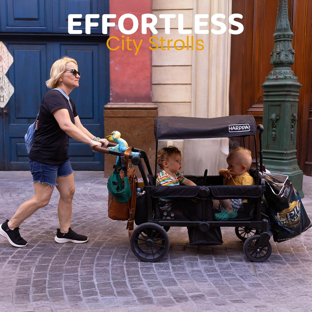 HARPPA All-Terrain Wagon Stroller for 2 Kids, Foldable Outdoor & Beach Stroller Wagon with Removable Canopy, Adjustable Push & Pull Handle, Footwell & Large Storage, Black