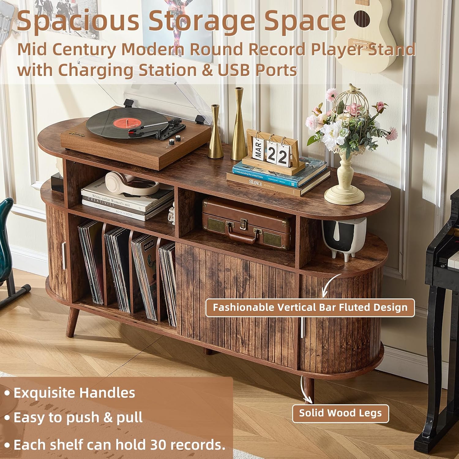 LELELINKY Large Round Record Player Stand with Charging Station & Fluted Panel, Brown Mid Century Modern Turntable Cabinet with Vinyl Storage, Arched Wood Record Player Table for Living Room