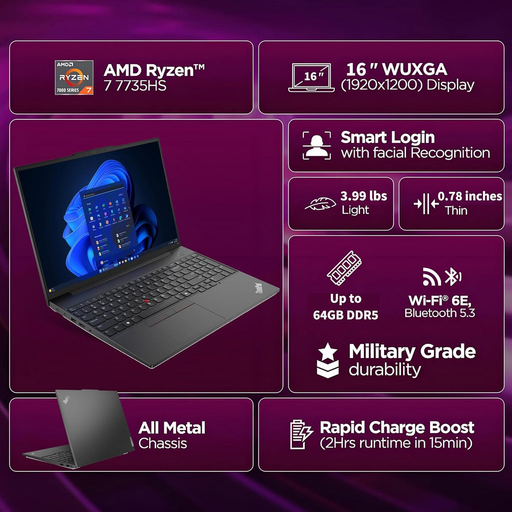 Lenovo ThinkPad E16 Gen 2 16' FHD+ Business Laptop Computer, AMD Ryzen 7 7735HS 8-Core, 16GB DDR5 RAM, 512GB PCIe SSD, WiFi 6E, Backlit KB, Fingerprint, Win 11 Pro, USB-C Hub, Office 365, Charcoal