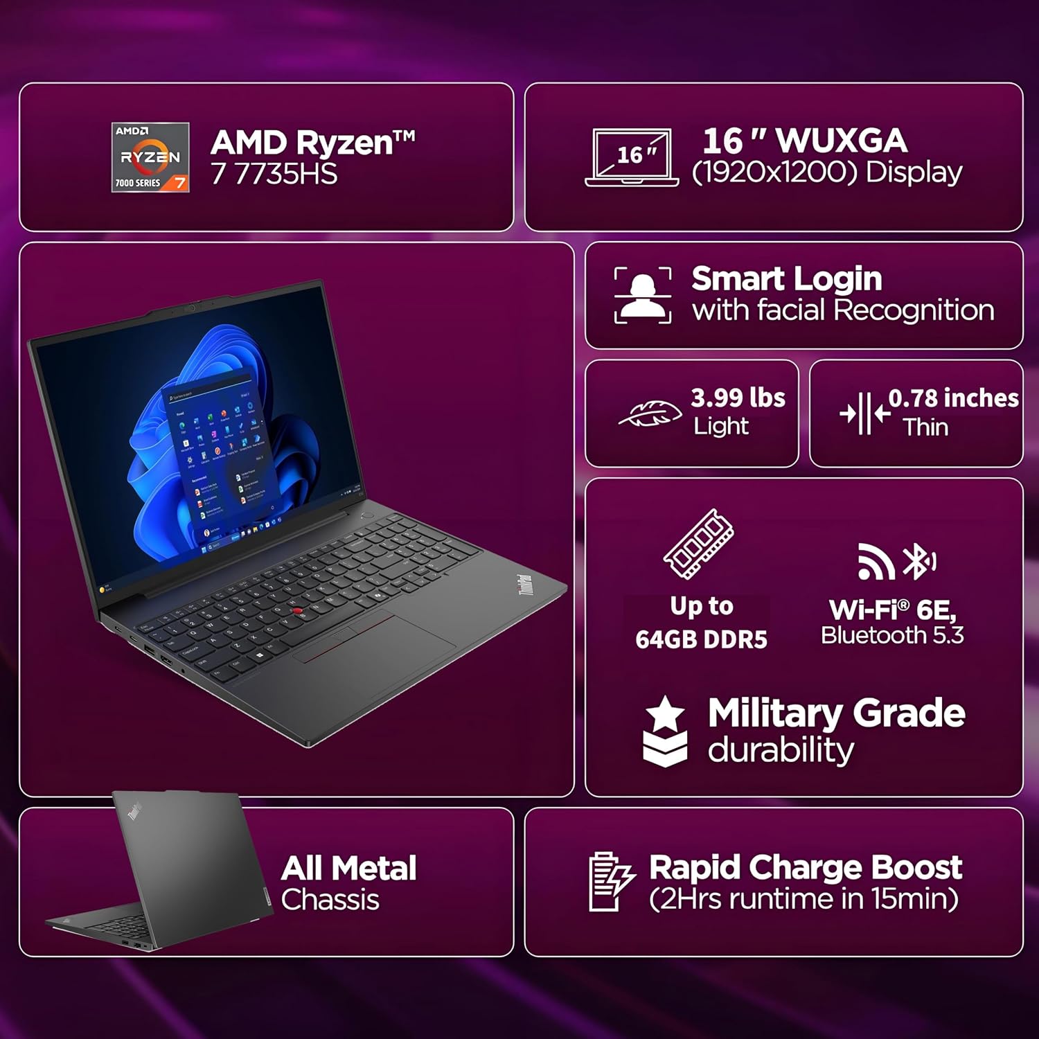 Lenovo ThinkPad E16 Gen 2 16' FHD+ Business Laptop Computer, AMD Ryzen 7 7735HS 8-Core, 16GB DDR5 RAM, 512GB PCIe SSD, WiFi 6E, Backlit KB, Fingerprint, Win 11 Pro, USB-C Hub, Office 365, Charcoal