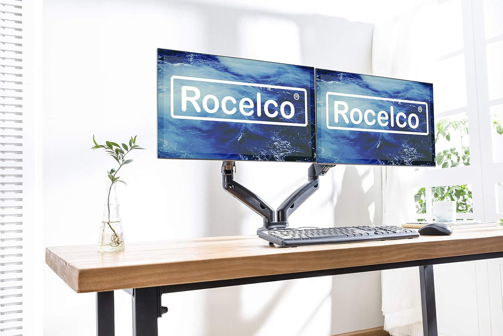 Rocelco Premium Double Monitor Desk Mount with USB 2.0 and Audio Port - Fits Dual 13' - 27' LED LCD Flat Screens - Pneumatic Full Motion Assist Adjustable Arm - Grommet and C Clamp - Black (R MA2)