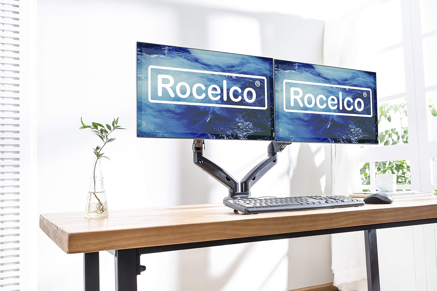Rocelco Premium Double Monitor Desk Mount with USB 2.0 and Audio Port - Fits Dual 13' - 27' LED LCD Flat Screens - Pneumatic Full Motion Assist Adjustable Arm - Grommet and C Clamp - Black (R MA2)