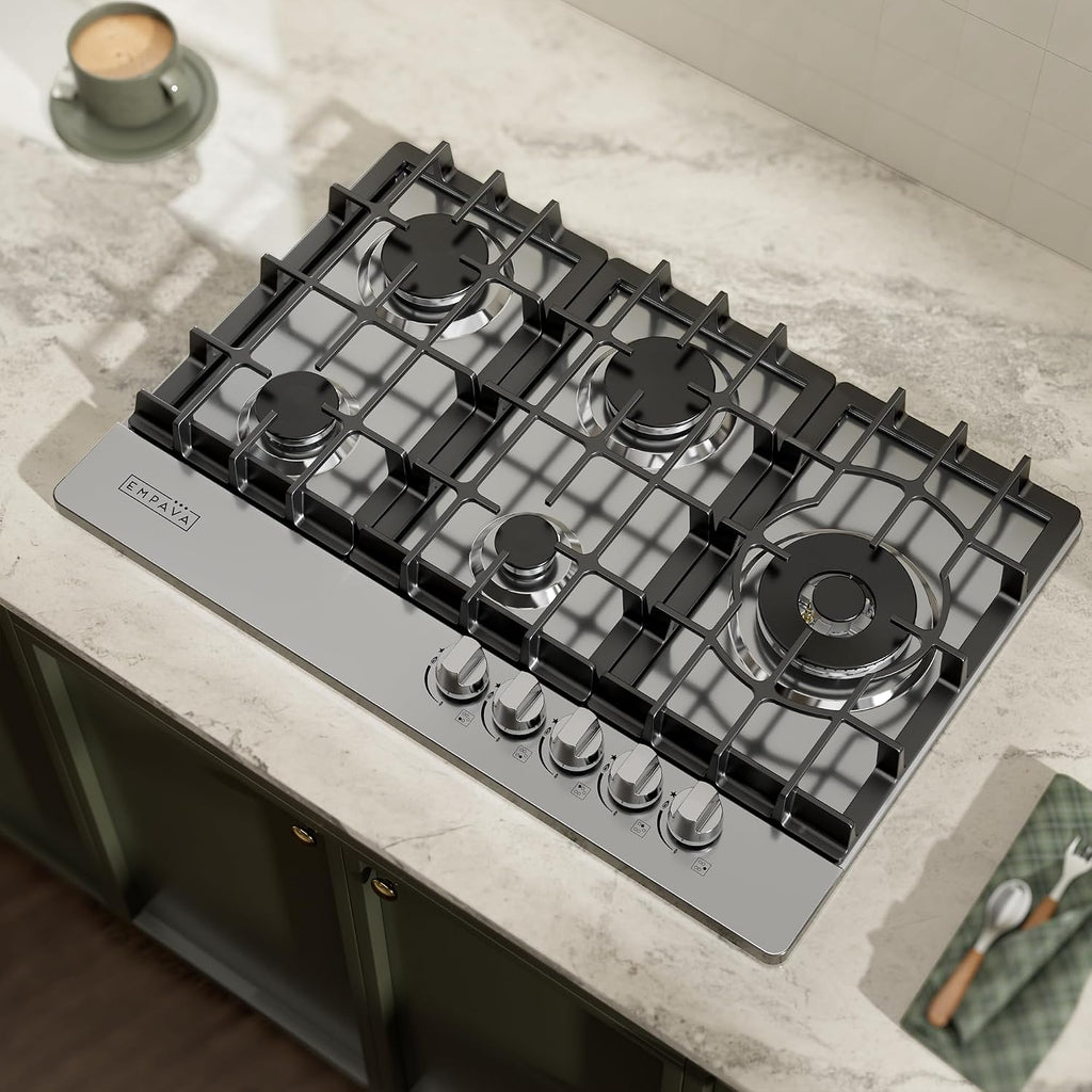 Empava Gas Cooktop 30 Inch, 5 SABAF Sealed Burners Made in Italy, Stove Top Bulit-in Ion Flame Ignition, NG/LPG Convertible,CSA Approved, Stainless Steel, Ideal for Kitchens,Apartments