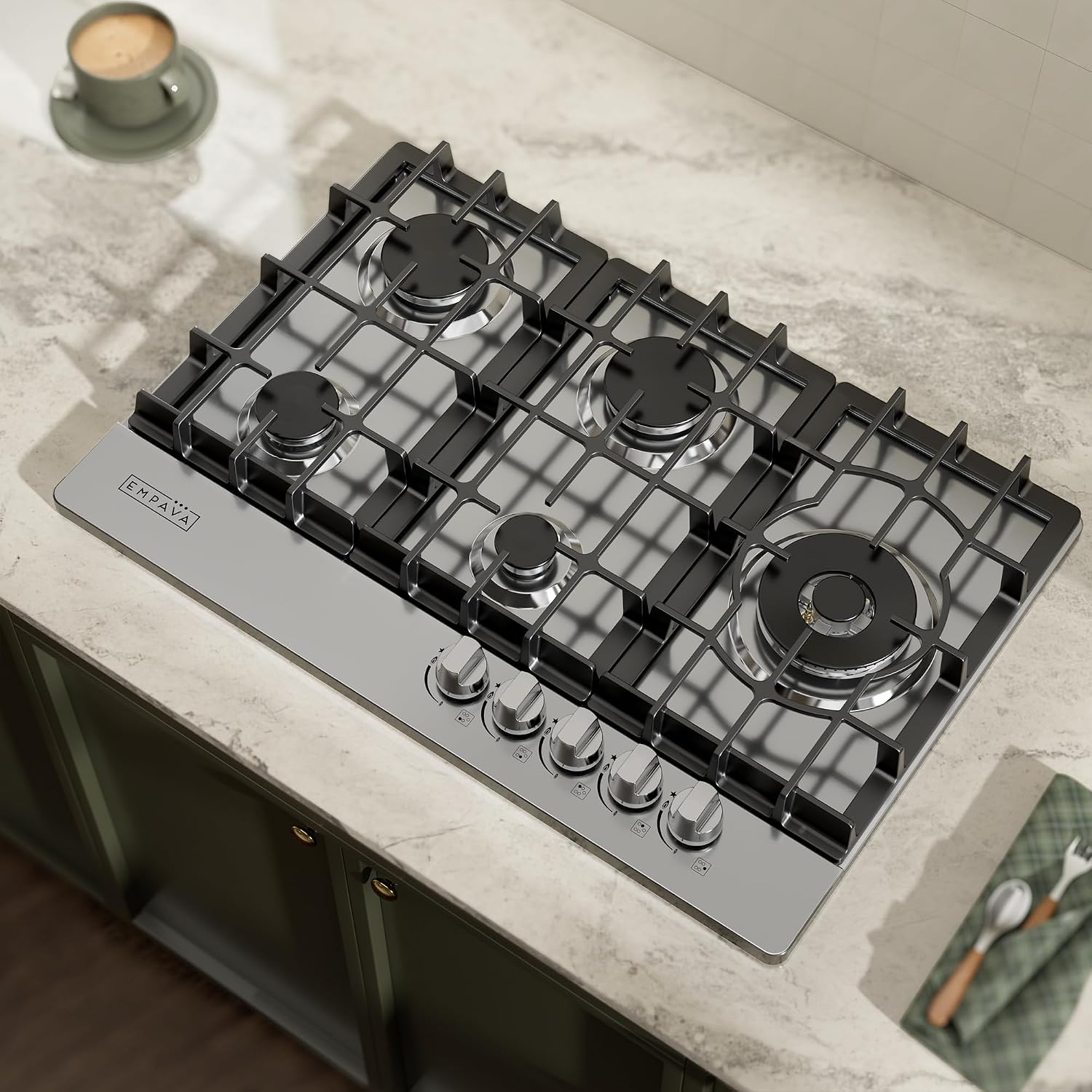 Empava Gas Cooktop 30 Inch, 5 SABAF Sealed Burners Made in Italy, Stove Top Bulit-in Ion Flame Ignition, NG/LPG Convertible,CSA Approved, Stainless Steel, Ideal for Kitchens,Apartments