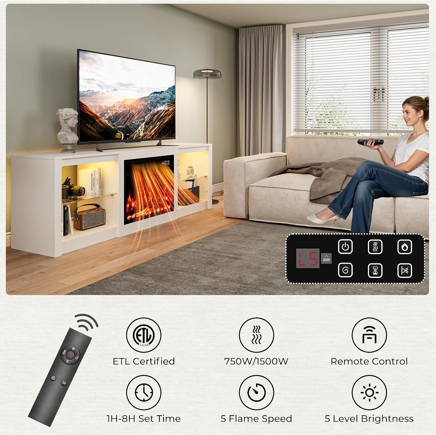 EAG 70 Inche Fireplace TV Stand for TVs up to 80 Inches with 23' Electric Fireplace, Modern Entertainment Center with Glass Shelves, LED Lights, Media TV Console for Living Room, White