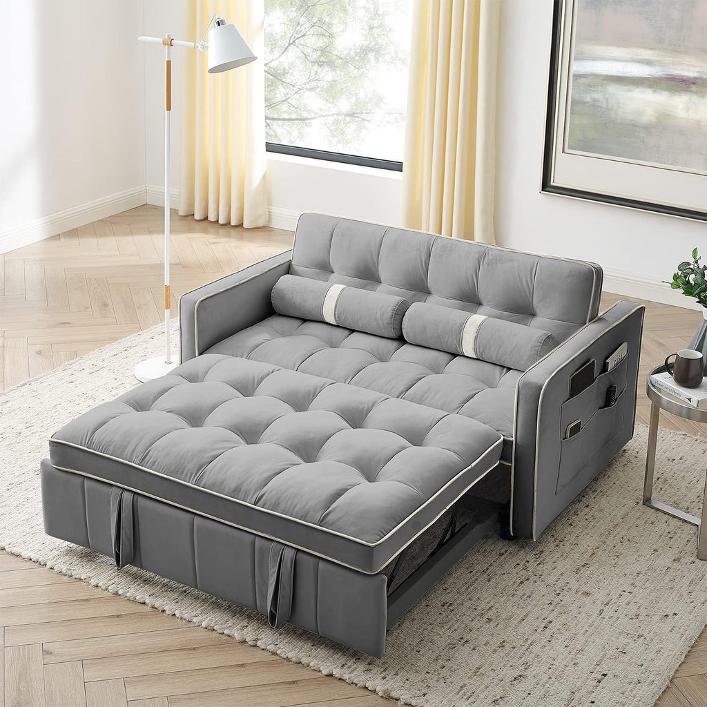 3 in 1 Sleeper Sofa Couch Bed, Small Tufted Velvet Convertible Loveseat Futon Sofa w/Pullout Bed, Adjustable Backrest, Cylinder Pillows for Living Room Apartment, Easy to Assemble, Grey, 55.5'
