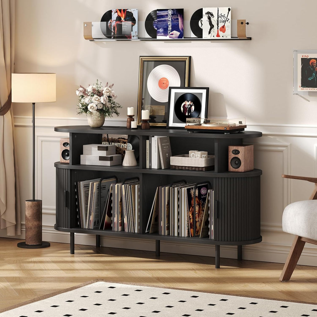 55' Large Round Record Player Stand with Charging Station, Vinyl Record Storage Cabinet, Mid Century Modern Turntable Stand with Open Shelves Holder for Bedroom Living Room, Sliding Doors (Black)