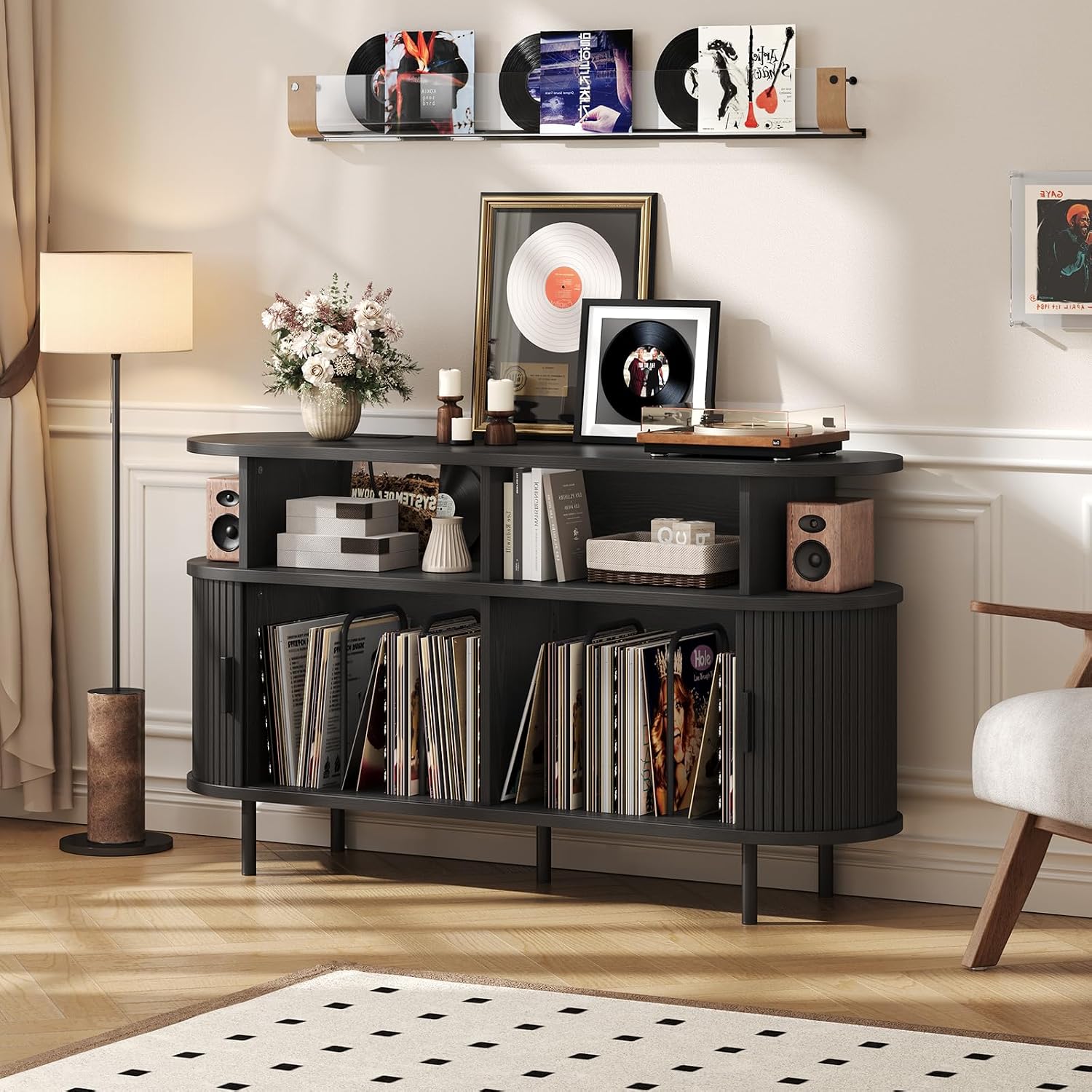 55' Large Round Record Player Stand with Charging Station, Vinyl Record Storage Cabinet, Mid Century Modern Turntable Stand with Open Shelves Holder for Bedroom Living Room, Sliding Doors (Black)