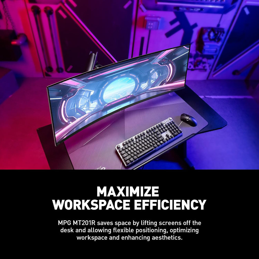 MSI MPG MT201R - Premium RGB Single Monitor Stand Arm, Supports 17-49' Screens and 44 lbs, VESA Compatible, Adjustable Heavy Duty Gas Spring Mount, Clamp & Grommet, Quick Release Plate - Gray