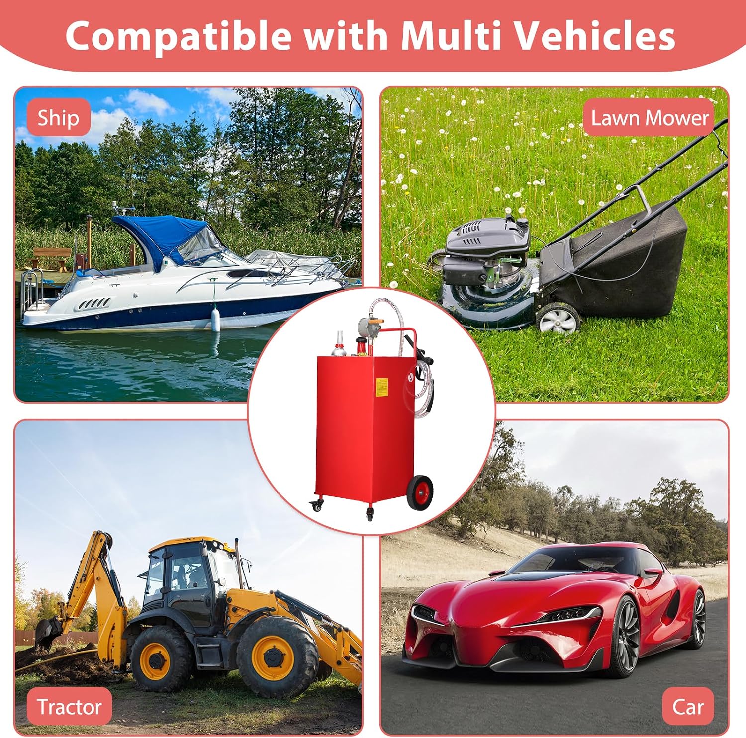 Garvee 40 gal Fuel Caddy with Manual Pump – Heavy Duty Gasoline & Diesel Transfer Tank On 4 Wheels, Spill-Proof Portable Fuel Container for Boat, Truck, Lawn Mower, ATV, Garage & Farm – Red