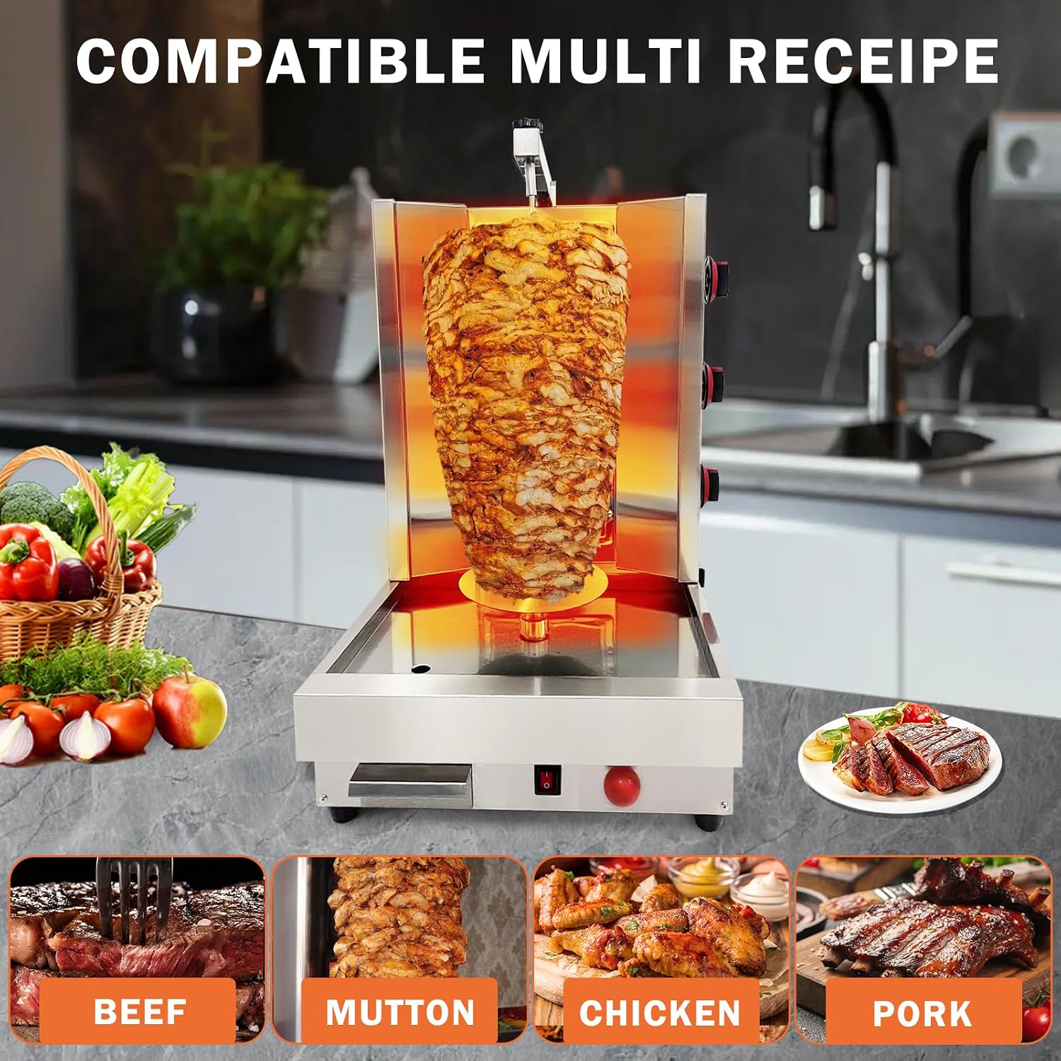 Shawarma Machine 3-Burner Propane Gas Commercial Rotating Vertical Rotisserie Grill Gyro Kebab Doner large restaurants