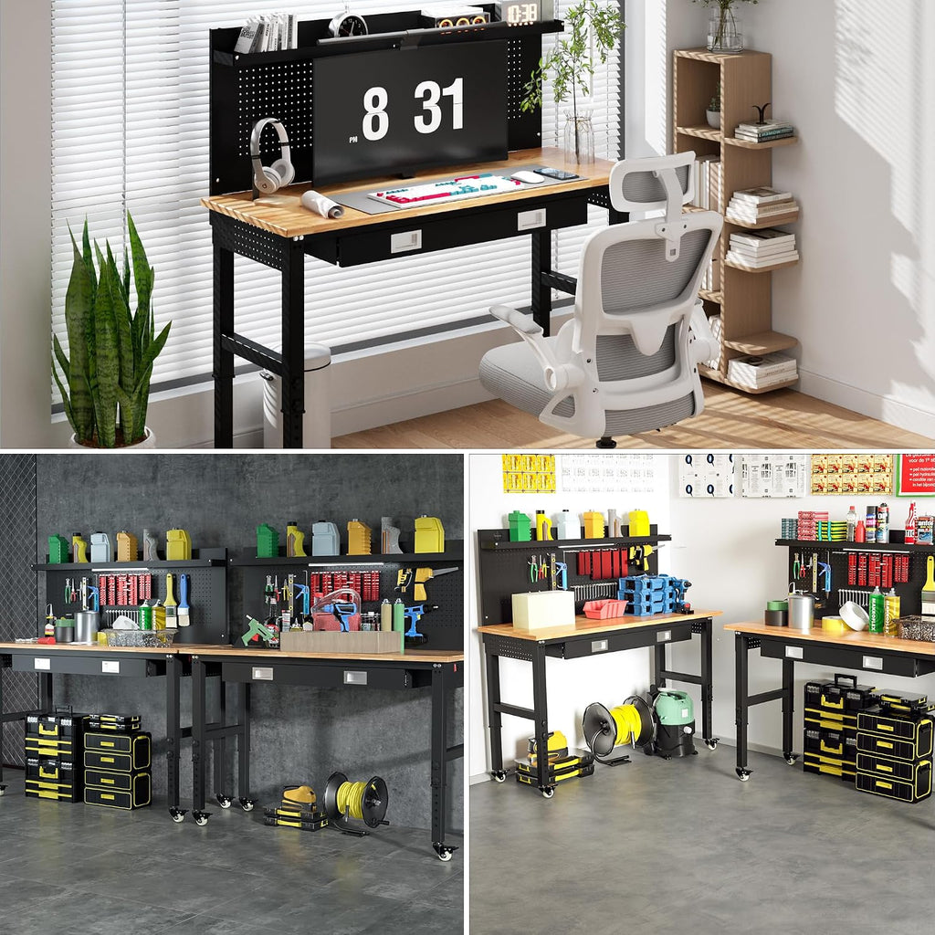 Betterhood 60' Heavy Duty Adjustable Workbench with Large Pegboard & LED Light, Adjustable Work Table with Power Outlets & Lockable Wheels, Rubber Wood Workstation for Garage, Workshop, Office, Home