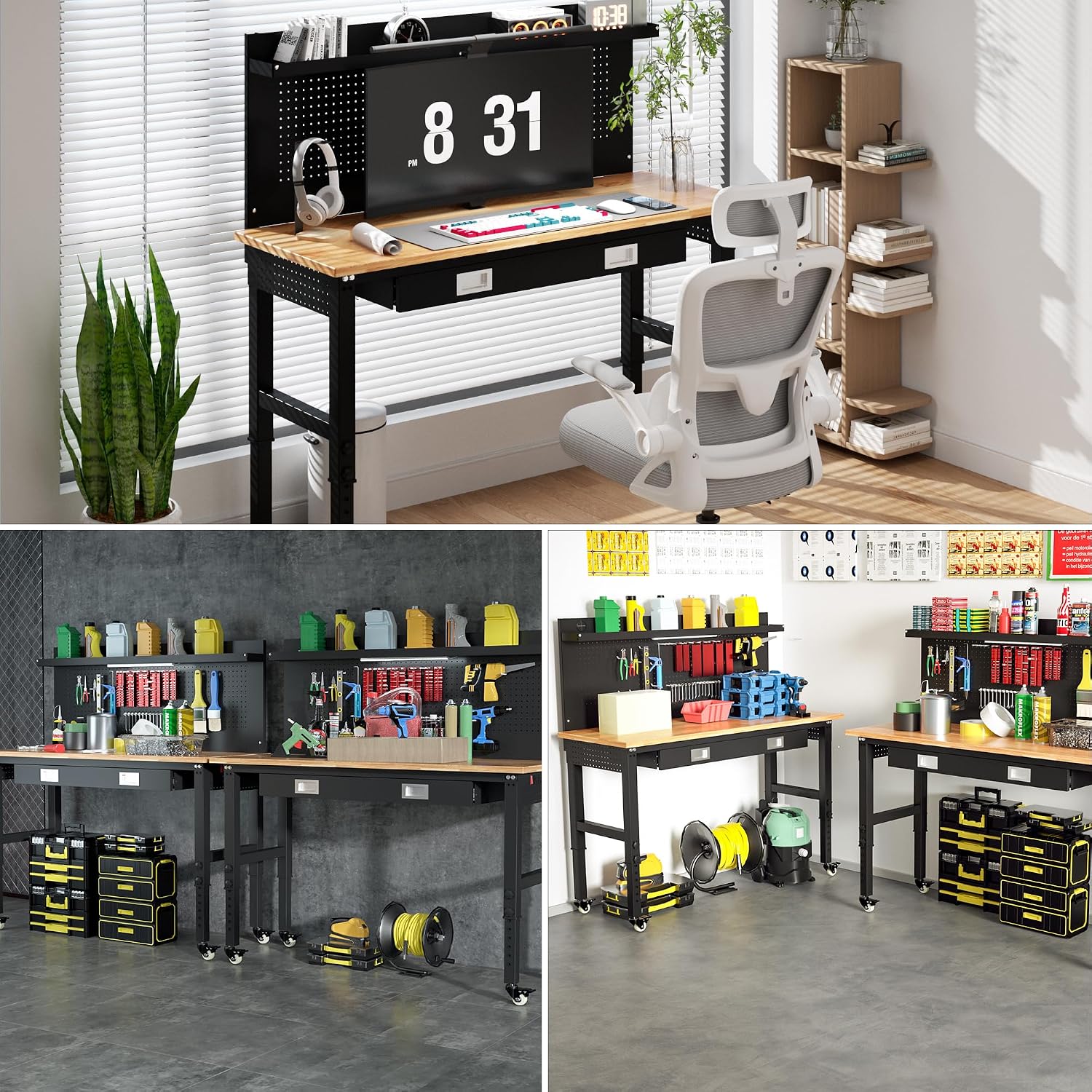 Betterhood 60' Heavy Duty Adjustable Workbench with Large Pegboard & LED Light, Adjustable Work Table with Power Outlets & Lockable Wheels, Rubber Wood Workstation for Garage, Workshop, Office, Home
