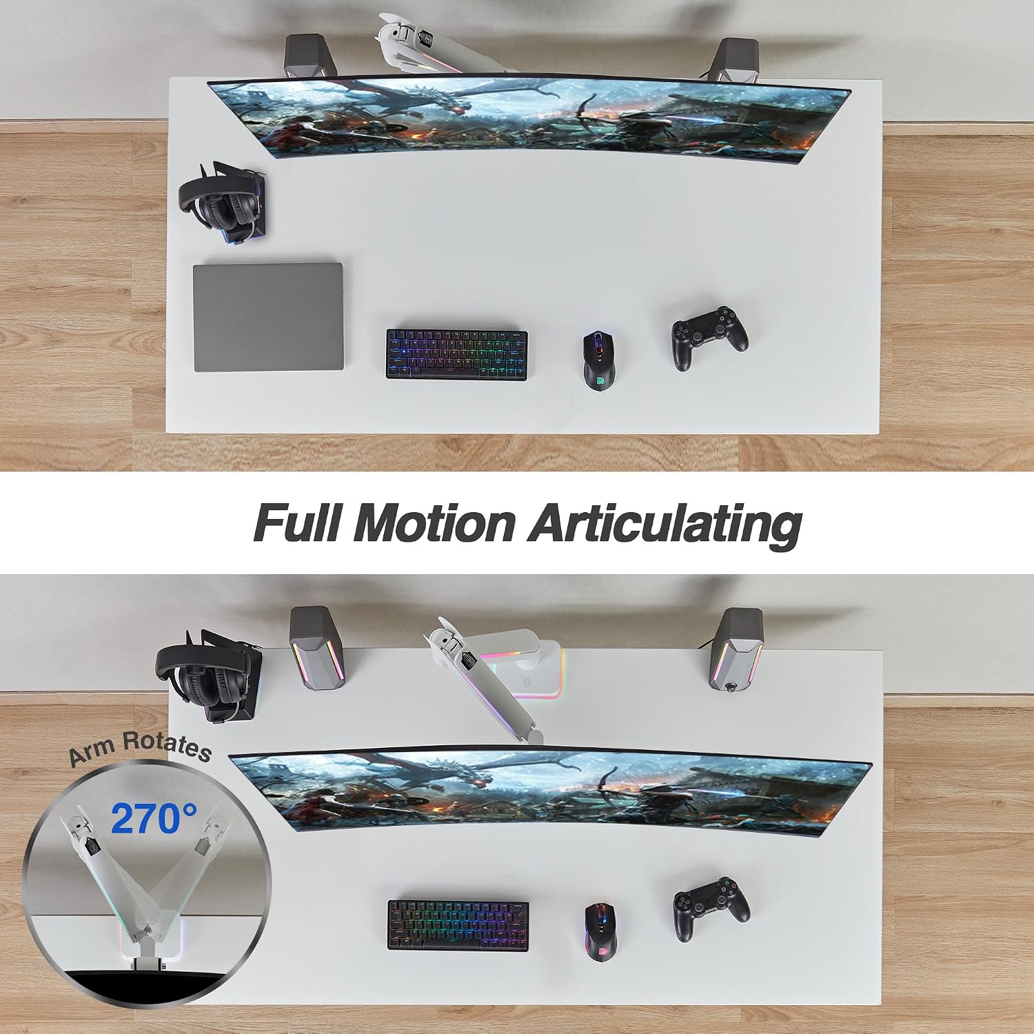 AVLT RGB Lights Single 17'-49' Gaming Monitor Arm Desk Mount, Fits One Flat/Curved/Ultrawide Screen up to 44lbs(20kg), Height Swivel Tilt Adjustable Stand - White