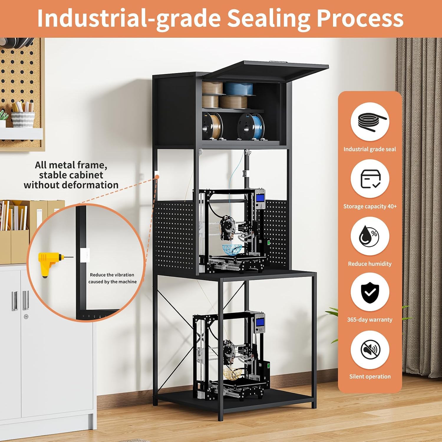 3D Filament Dehumidify Storage 3D Printer Stand | 3-Tier All-in-One Organizer with Built-in Dehumidifier, Dual Spool Holders & Tool Mounts | for Moisture-Sensitive Filament
