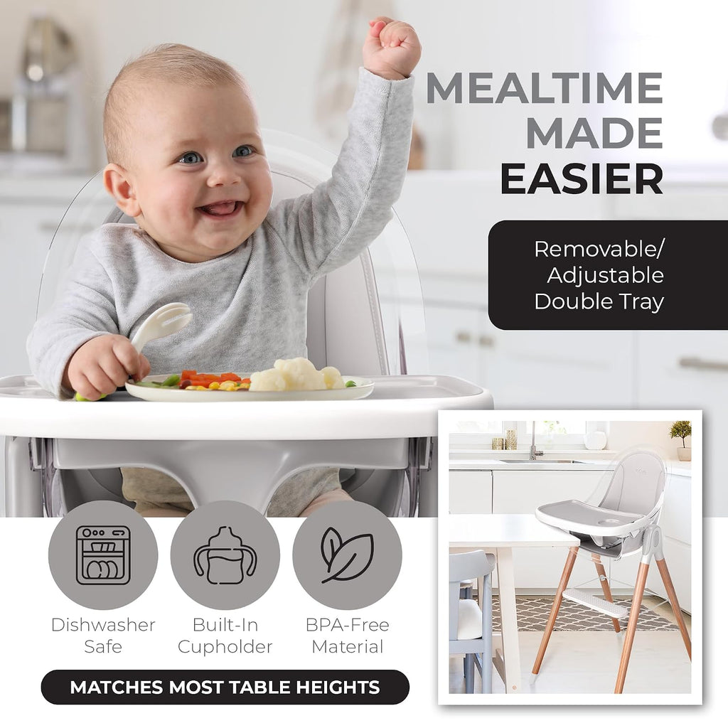6 in 1 Deluxe Wooden High Chair for Babies & Toddlers, Modern Safe & Compact Baby Highchair, Easy to Clean & Assemble Removable Tray & Cushion, 6 Options 3 Seat Positions 2 Heights