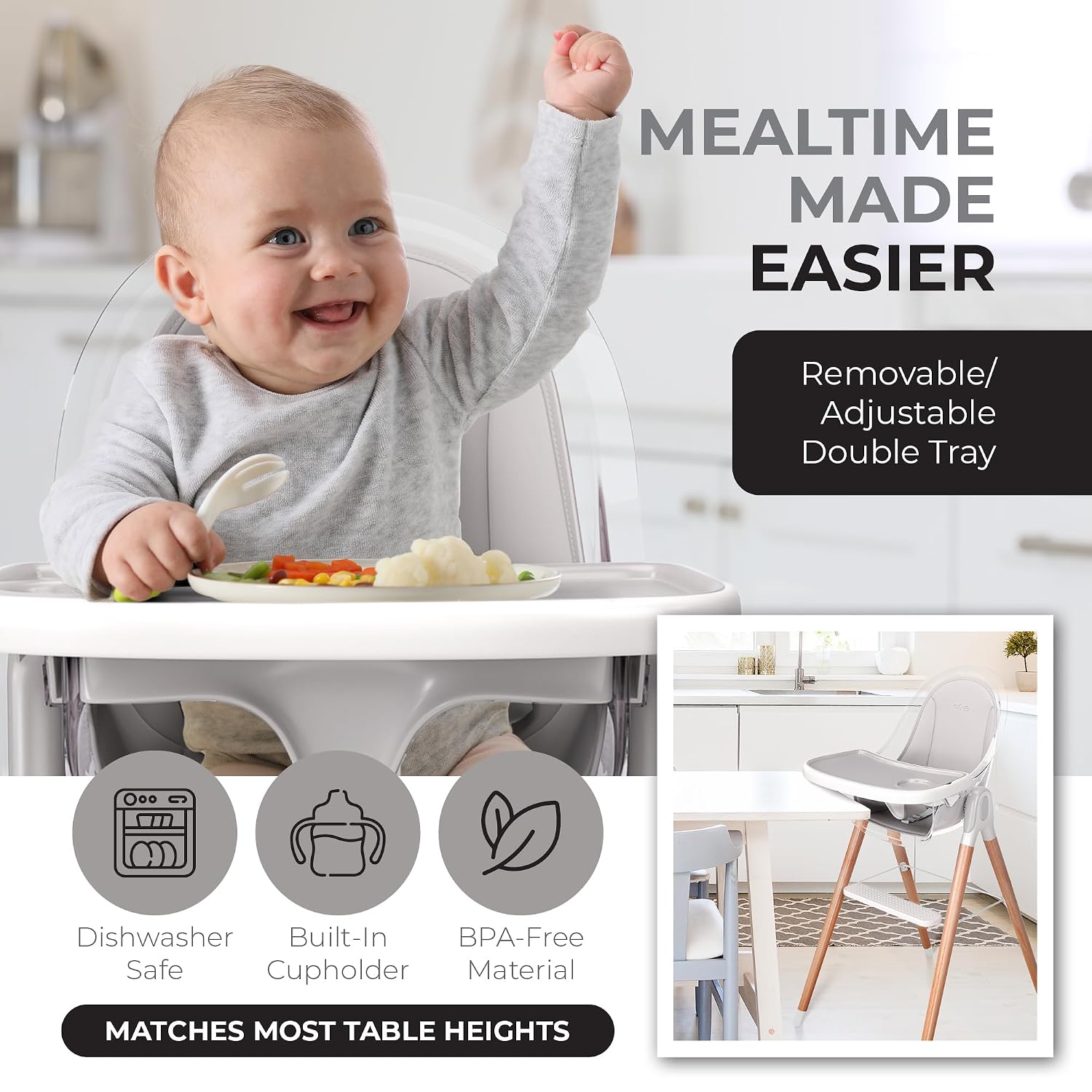 6 in 1 Deluxe Wooden High Chair for Babies & Toddlers, Modern Safe & Compact Baby Highchair, Easy to Clean & Assemble Removable Tray & Cushion, 6 Options 3 Seat Positions 2 Heights