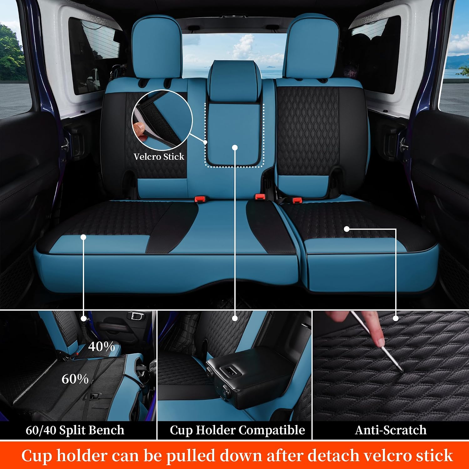 Coverado Seat Covers for Jeep Wrangler, Faux Leather Car Seat Covers Custom Fit for Jeep Wrangler JL 4 Door Sahara Sport Rubicon X Unlimited Willys Trims 2018-2026(Blue)