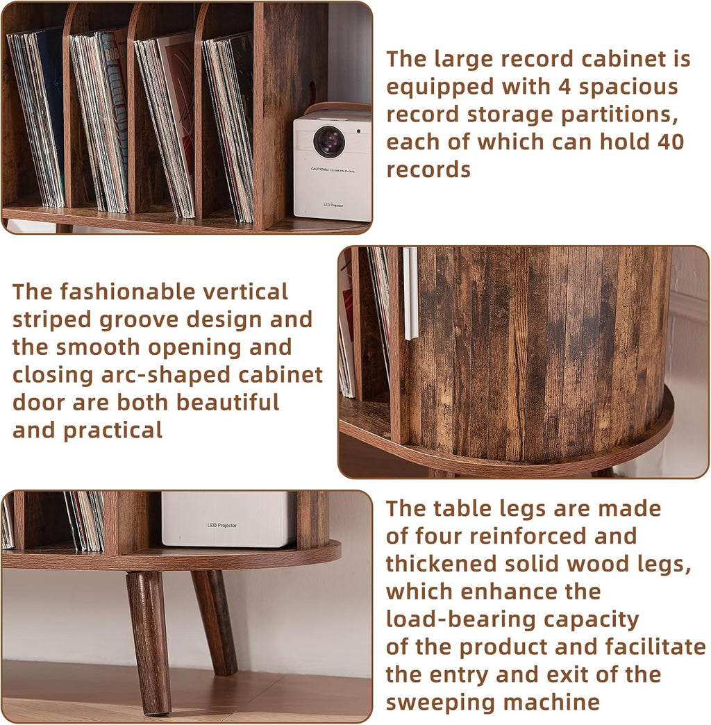 LELELINKY Small Round Record Player Stand with Charging Station & Fluted Panel, Brown Mid Century Modern Turntable Cabinet with Vinyl Storage, Arched Wood Record Player Table for Living Room