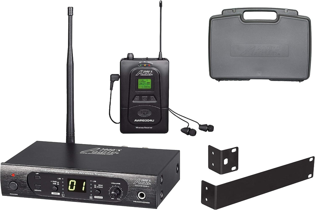 AUDIO 2000'S AWM6308U UHF 100 Selectable Frequency Wireless in-Ear Monitor System with One Wireless Receivers, One Wireless Transmitter, and a PVC Carrying Case