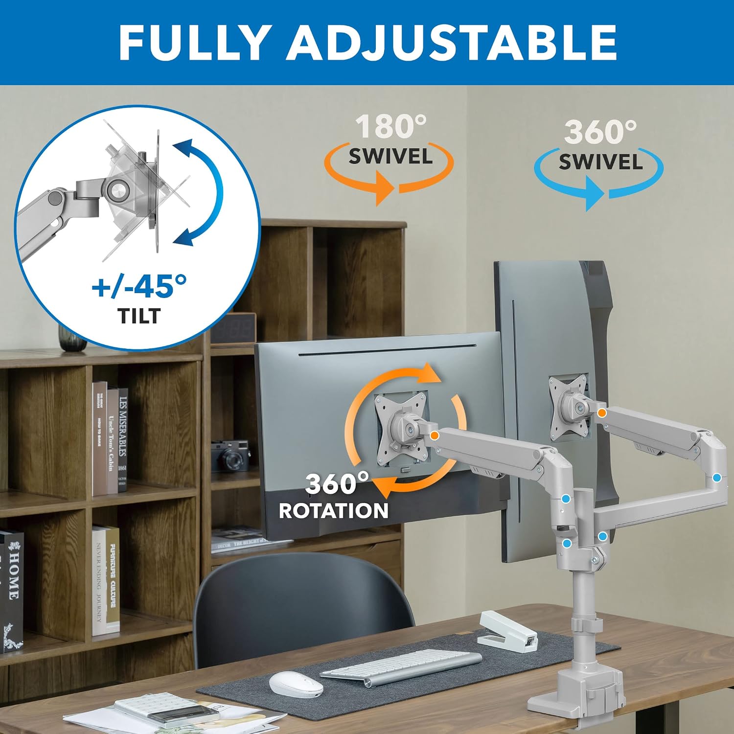 Mount-It! Dual Monitor Mount - Monitor Stands for 2 Monitors, Computer Arms on Desk Stand, Gas Spring Height Adjustable Desk Mount in Silver, VESA 75, 100 Fits Screens Up to 32', Silver Color
